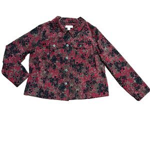 CJ Banks Women's PLUS SIZE 1X Black Maroon Floral Suede Cloth Button Up Jacket